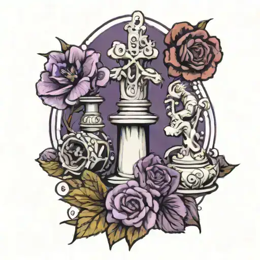 Chess Piece Of A Hunter And A Violet Flower With A Catholic Rosary