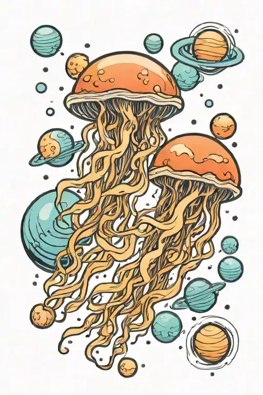 Jellyfish In Space With Bubbles In The Form Of Planets