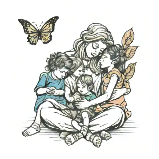 Mother And Children Sitting Cross Legged