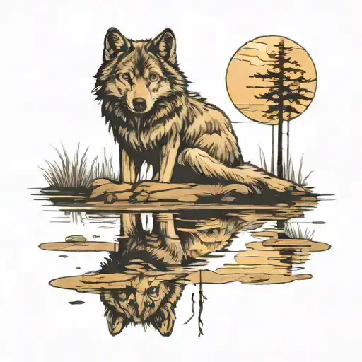 Wolf Looking Into Lake And Seeing His Reflection