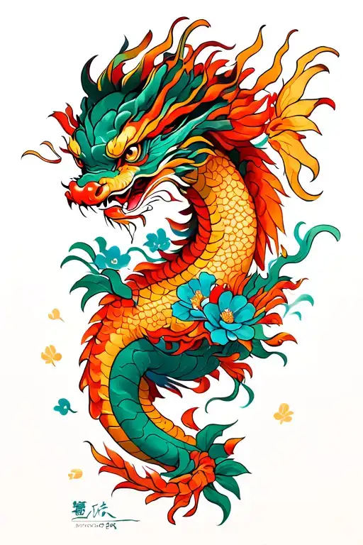 Chinese Dragon Flying With Flower Blooming