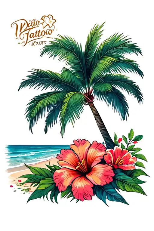 Flowers And Beach Scene With Palm