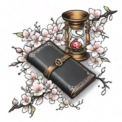 Closed Book With Hourglass And Cherry Blossoms