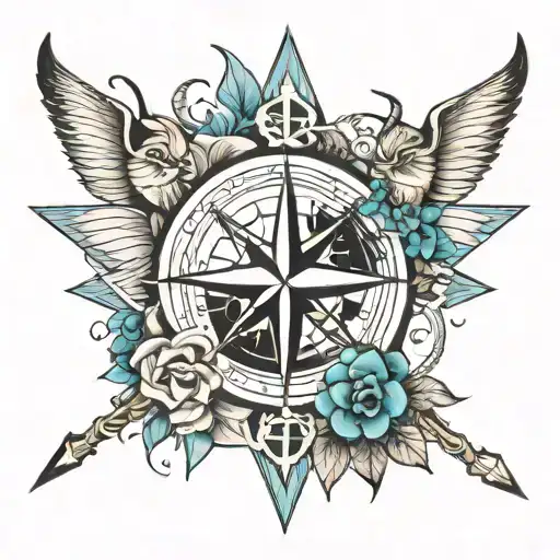 Compass Rose With Sagittarius Toro Fish And Aquarius