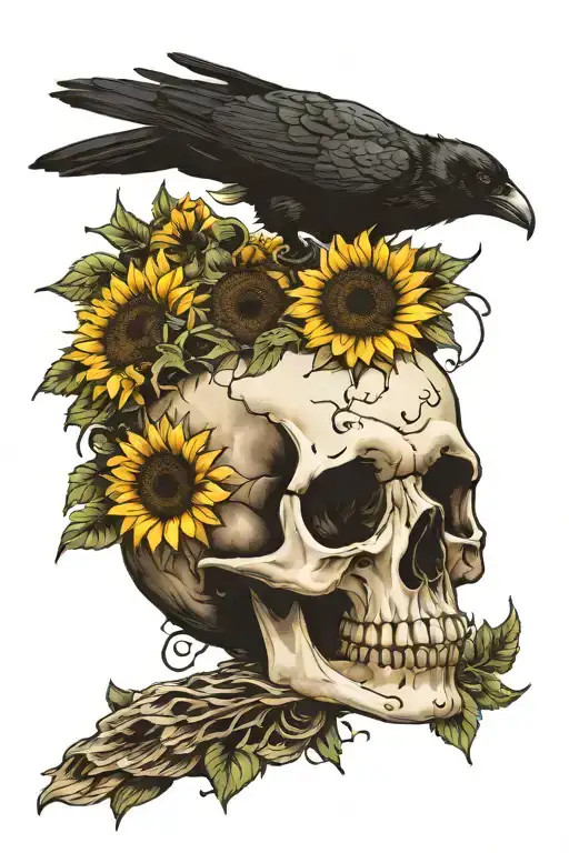 Crow Sitting On Human Skull Surrounded By Sunflowers