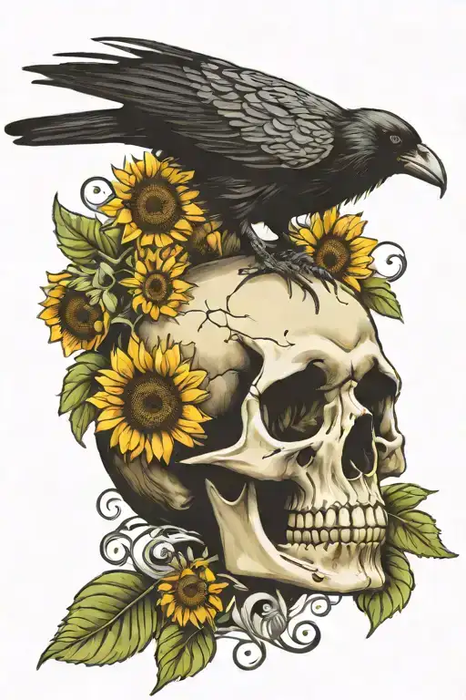 Crow Sitting On Human Skull Surrounded By Sunflowers