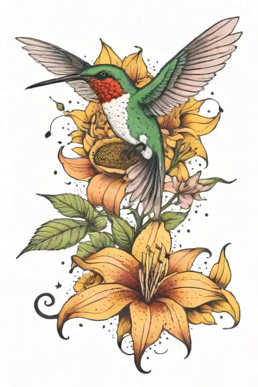 Stargazer Lily Sunflower Hummingbird Surrounded By Constellations