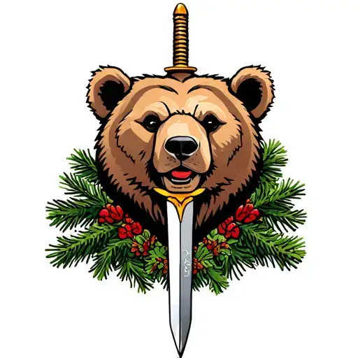 Bear Head Surrounded By Spruce With Golden Dagger Through It