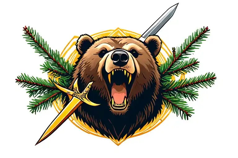 Bear Head Open Mouth Surrounded By Spruce With Golden Dagger Through It With Golden Frame