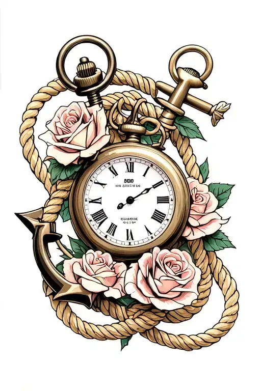 Pocketwatch Rope And Anchor Intertwined With Roses