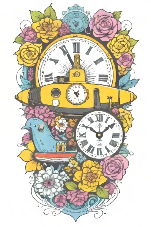Yellow Submarine With Colorful Flowers And Clock And Rainbow