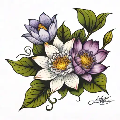 Water Lily's And Violets Bouquet Fine Line