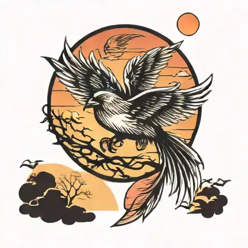 Flying Bird With Sunset Background