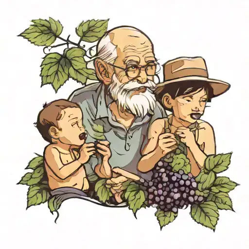 Grandpa And Grandson Eating Grapes From Bush
