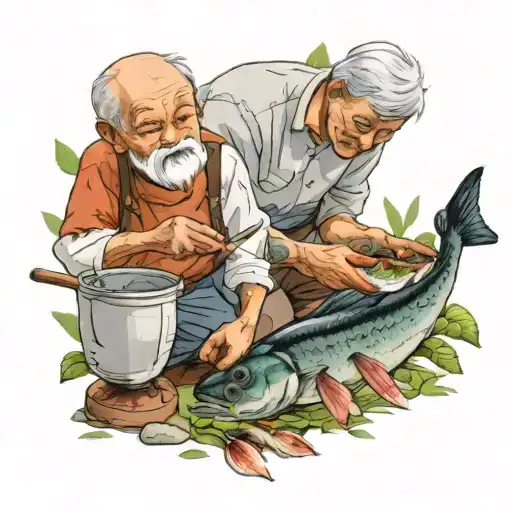 Grandpa Prepare Fish In Garden While Grandson Is Next To Him