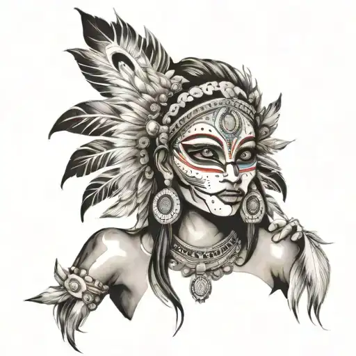 Indian Women With Samouray Mask Surrounded