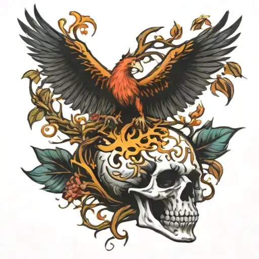 Phoenix Flying Out Of A Skull Tree Intertwined
