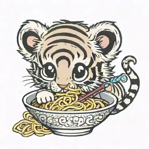 Baby Tiger Cub Eating Ramen Noodles In A Bowl Of Ramen Noodles