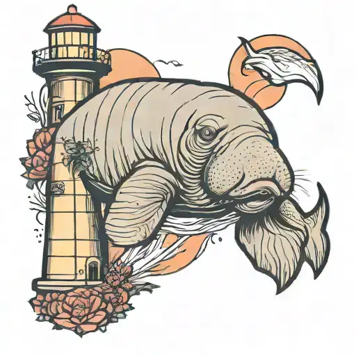 Manatee By Lighthouse At Sunset