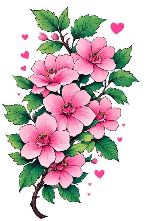 Pink Flowers On A Vine With Leafs And Small Pink Hearts Around It
