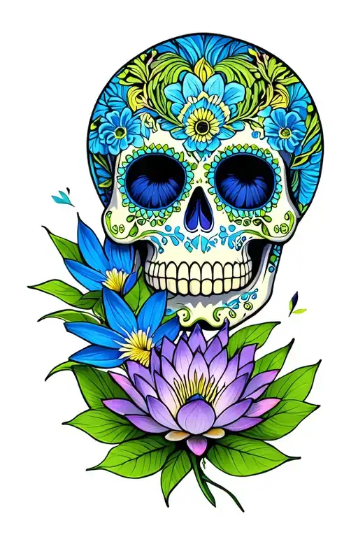 Blue Lotus Flower Below Green Sugar Skull