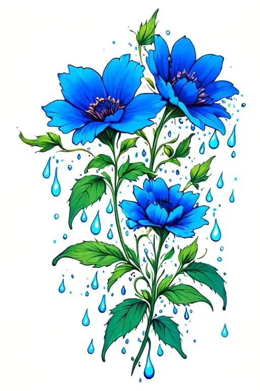 Blue Flowers With Water And Rain Around Them Goes