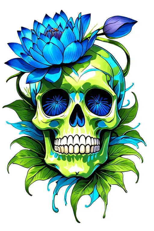 Blue Lotus Flower Under Green Sugar Skull