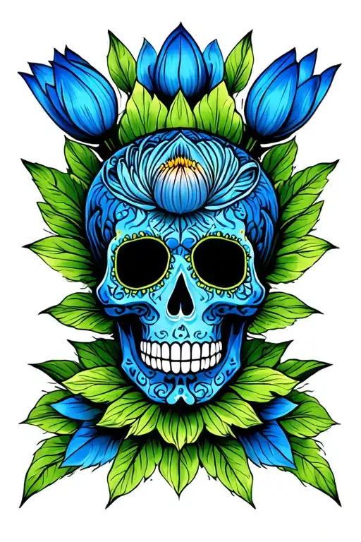 Blue Lotus Flower Under Green Sugar Skull