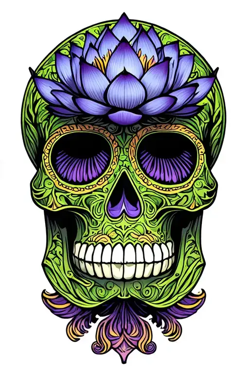 Blue Lotus Flower Under Green Sugar Skull