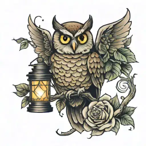 Owl With Lantern And Roses Growing