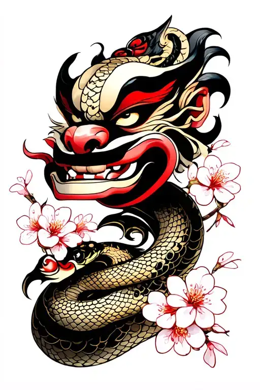 Oni Mask With Mamushi Snake And Cherry Blossoms