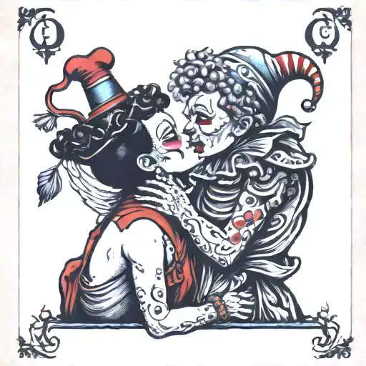 The Lovers Tarot Card With Two Clowns Kissing Each Other