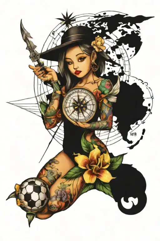 Compass And Orchid Flower And Map And Soccer Ball And Baby Angel