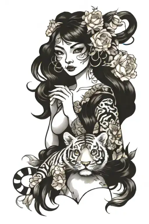 Tiger Sensual Flowers Half Woman Holding