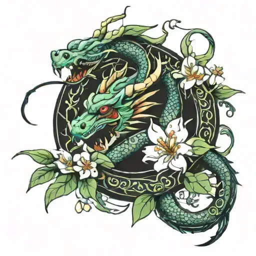 Dragon Wrapped Around Jasmine Flower Branch