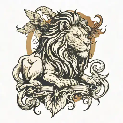 Lion With Crow Old Realism With Dragon Around