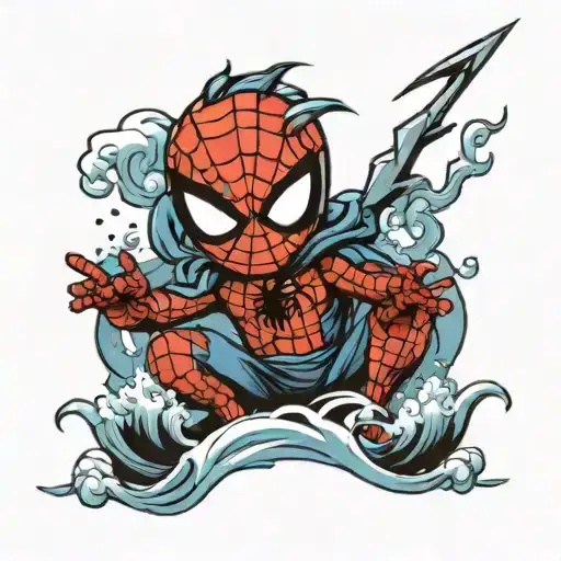 Chibi Baby Spiderman Holding A Lightning Bolt While There Is Ocean Waves In The Backround