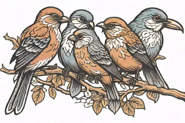 Family Of 4 Birds On Branch Representing Love Heart