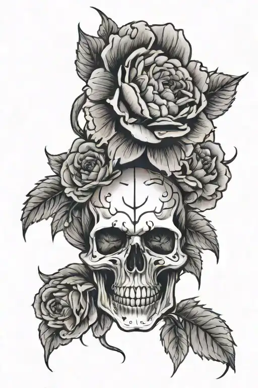 Black And Grey Skull With Roses And A Peony Flowers That Takes Up The Whole Forearm