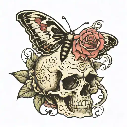 Moth And Rose Inside Skull