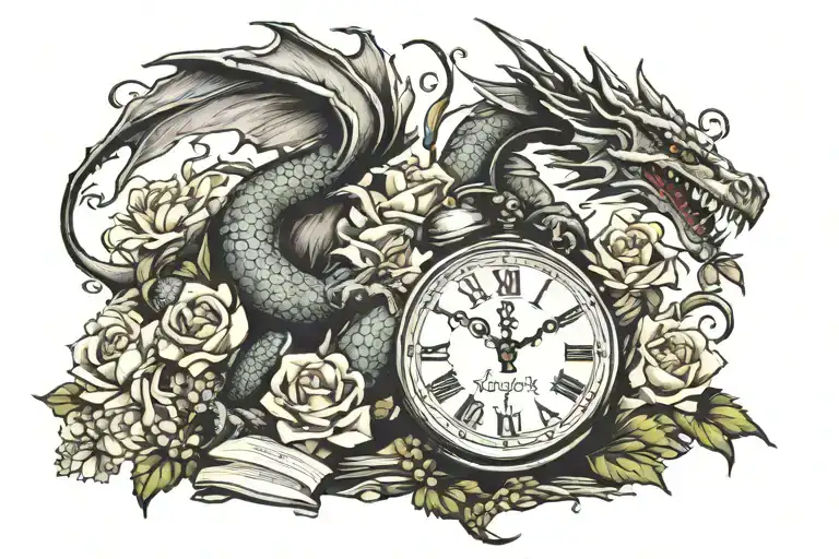 Books Flowers Dragon Clock