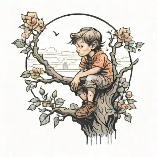 Dreamy Child At The Top Of A Tree In Front Of A City