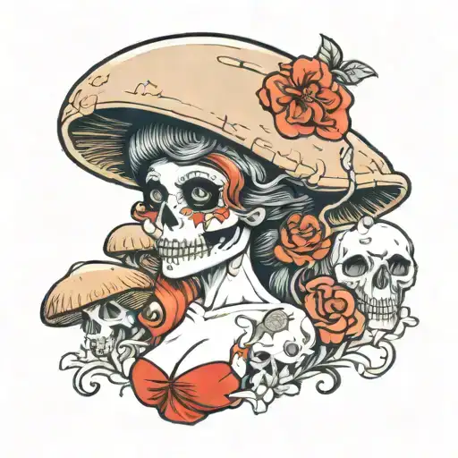 Mushrooms With Skull And Pinup Girl Holding