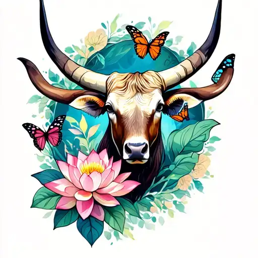 Longhorn With Lotus Flower And Butterflies Surrounding