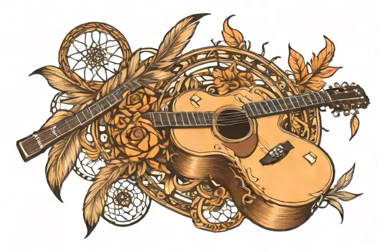 Acoustic Guitar With Dream Catcher Feathers Falling