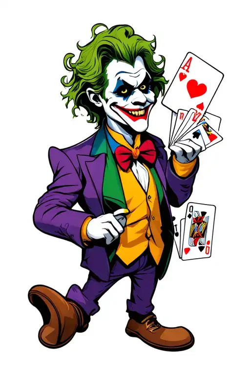 Side View Of Joker Cartoon Character With Heavy Smile Holding 4 Aces & Joker Cards In 1 Hand