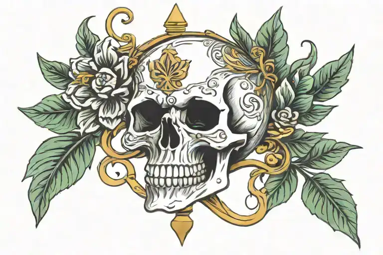 Skull Adorned With A Laurel Wreath Surrounded By Hourglass
