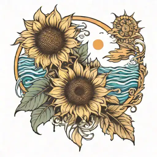 Sunflower And Ocean In The Middle