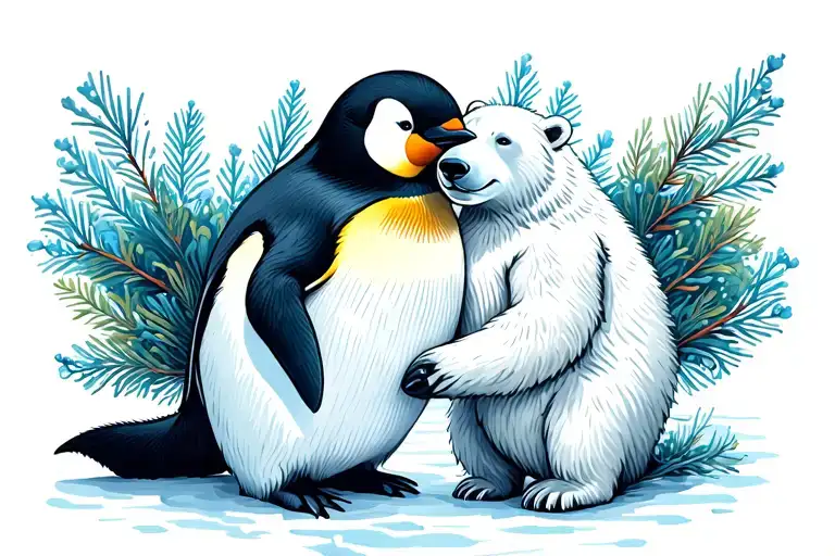 Penguin And Polar Bear Hugging Each Other