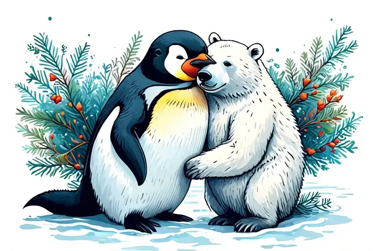 Penguin And Polar Bear Hugging Each Other